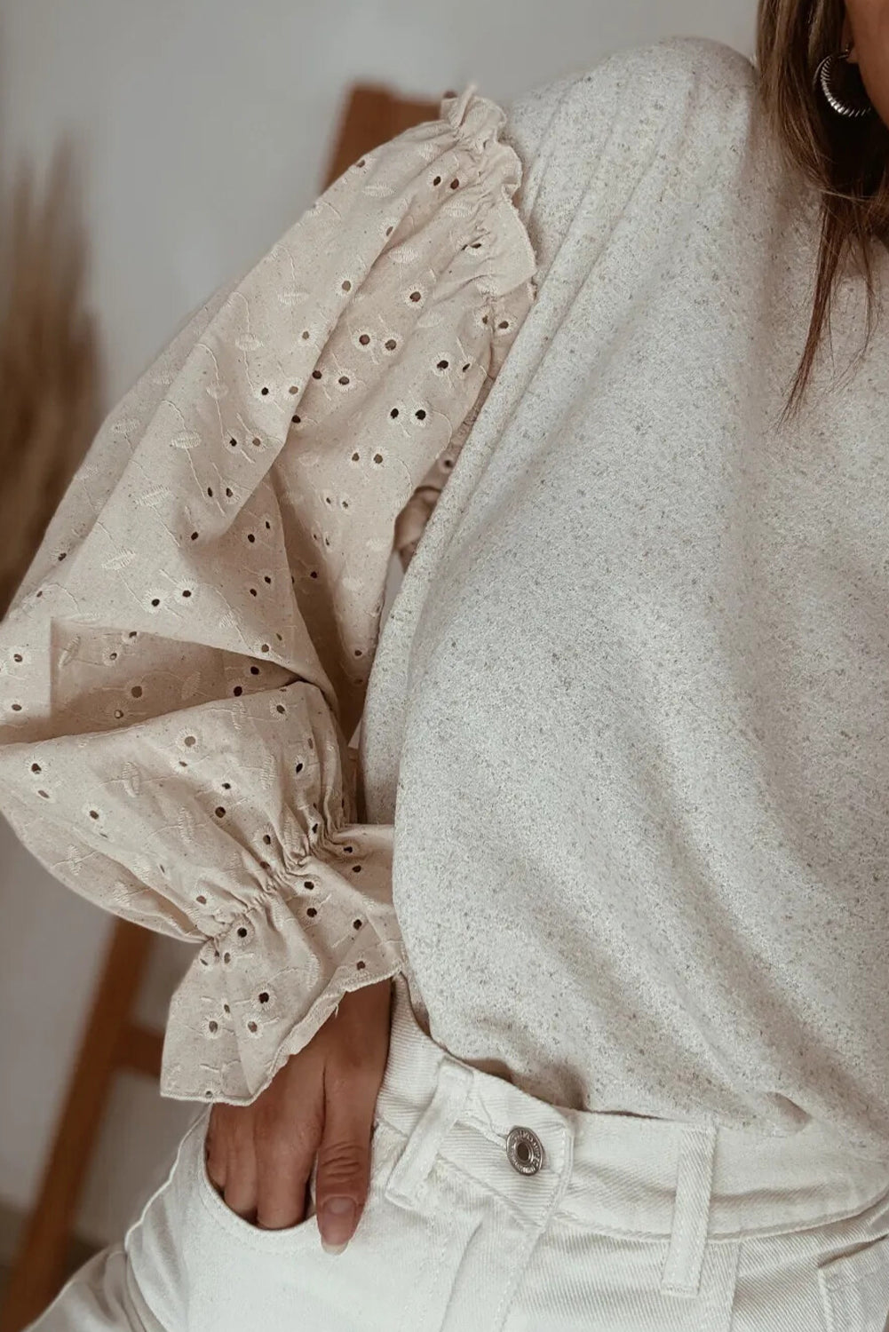 Jet Stream Embroidered Sleeve Patchwork Round Neck Top