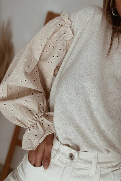 Jet Stream Embroidered Sleeve Patchwork Round Neck Top