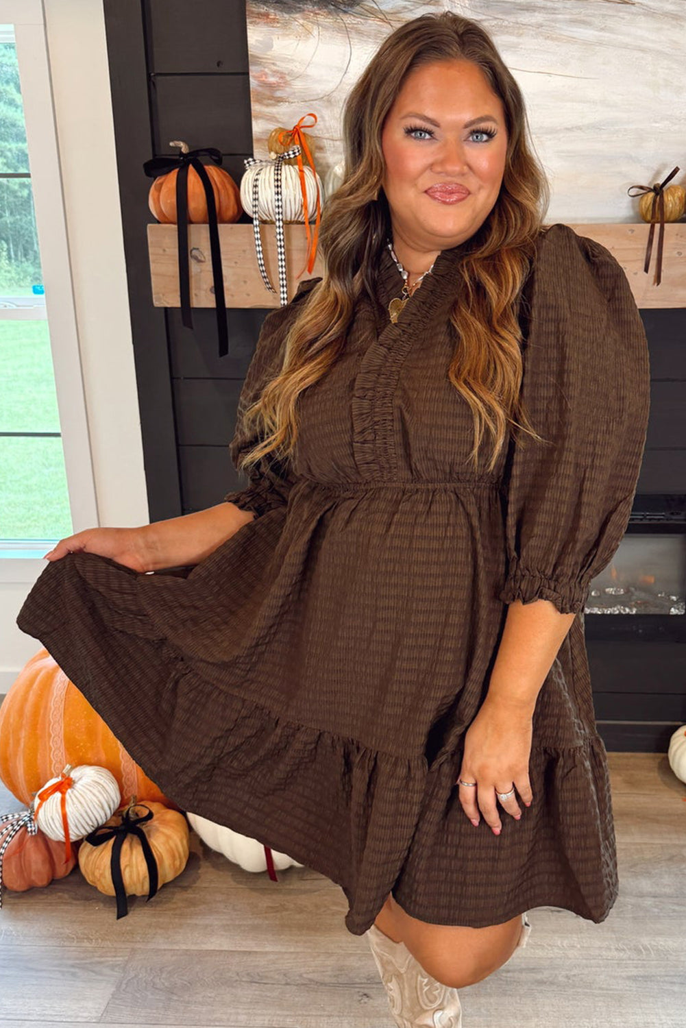 Coffee Plus Size Frilled Trim V Neck Puff Sleeve Textured Mini Dress