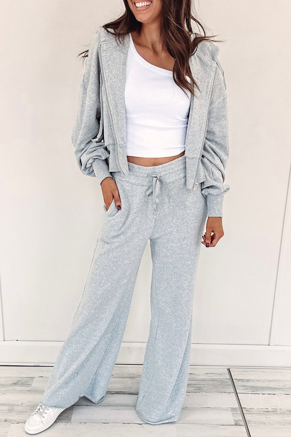 Light Grey Zip Up Hoodie and Drawstring Pants 2 Piece Set
