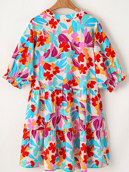 Multicolour Floral Tiered V Neck Plus Dress