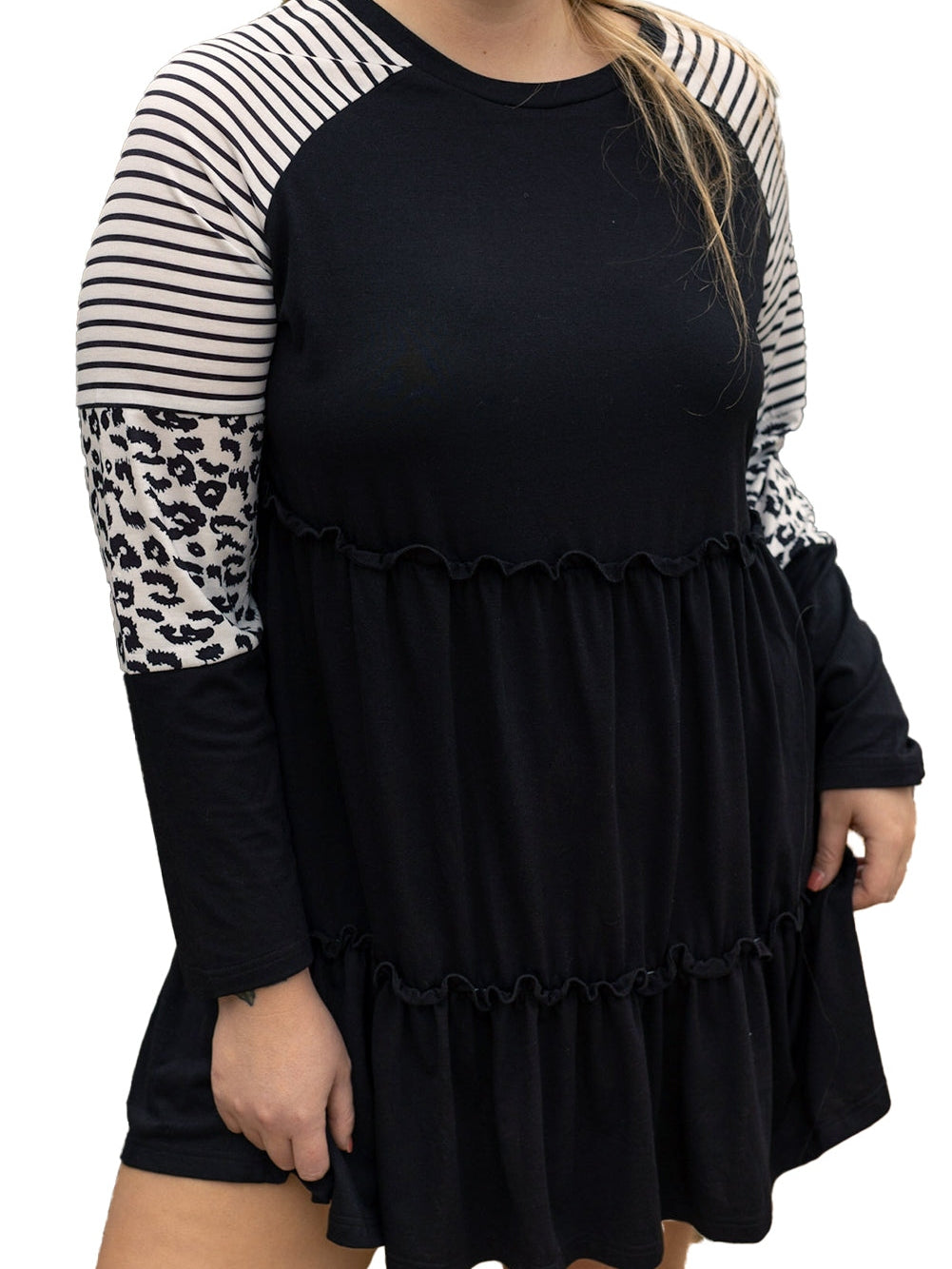 Black Plus Size Striped Leopard Patch Sleeve Ruffle Tiered Dress