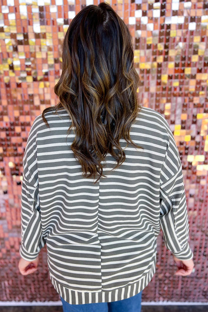 Gray Stripe Delicate Stitch Detail Plus Size Drop Shoulder Pullover
