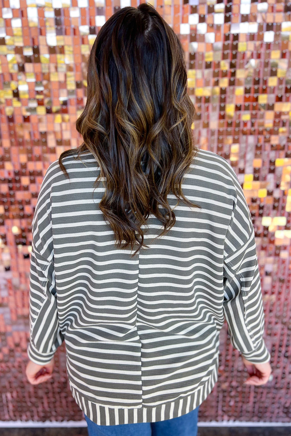 Gray Stripe Delicate Stitch Detail Plus Size Drop Shoulder Pullover