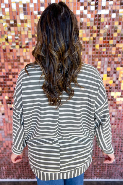Gray Stripe Delicate Stitch Detail Plus Size Drop Shoulder Pullover
