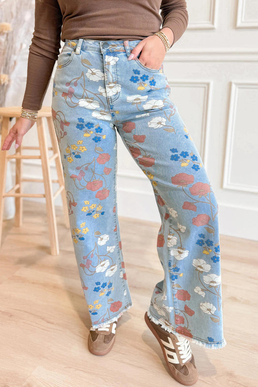 Sky Blue Floral Printed Raw Hem Shift Jeans