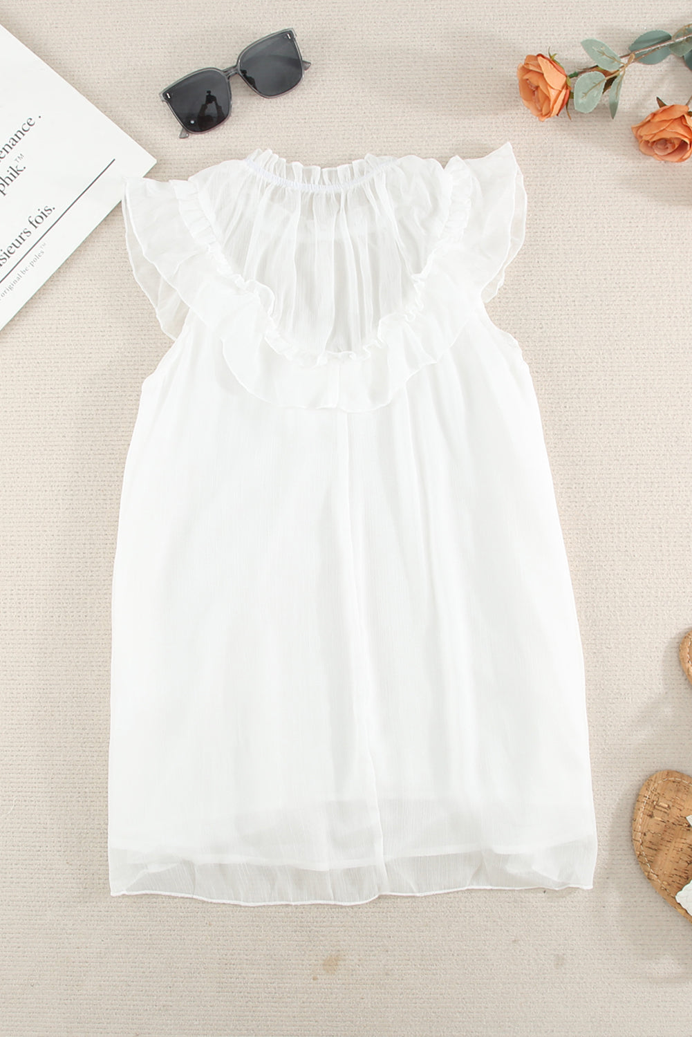 Elegant White Chiffon Ruffle Tank Top