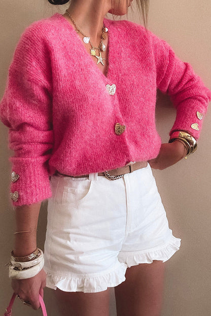 Strawberry Pink V Neck Heart Chunky Knit Metal Button Sweater Cardigan