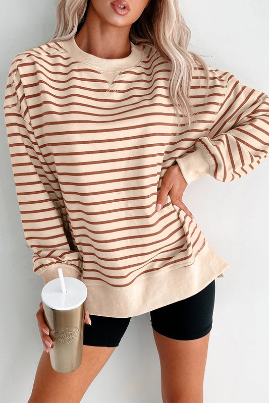 Khaki Stripe Ribbed Band Seam Detail Baggy Sweatshirt