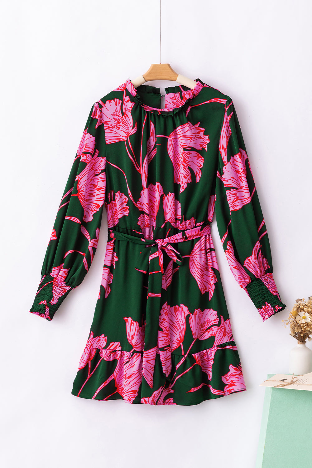 Green Plus Size Shirred Bracelet Sleeve Ruffled Floral Dress