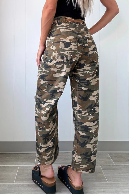 Green Camouflage Print Splashed Distressed Loose Denim Pants