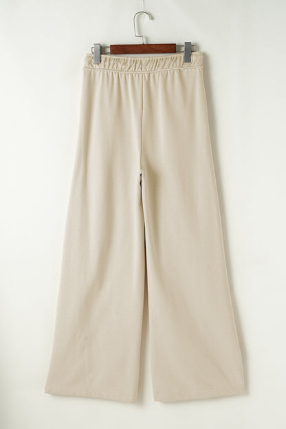 Apricot Loop Drawstring Elastic Waistband Casual Wide Leg Pants