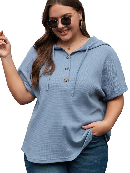 Ashleigh Blue Plus Size Waffle Knit Short Sleeve Drawstring Hoodie