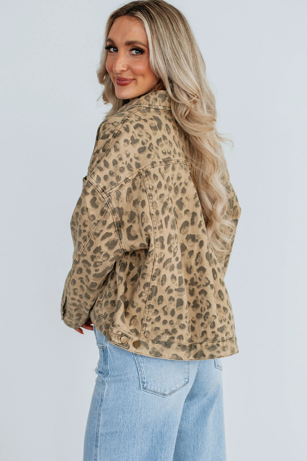 Khaki Retro Leopard Print Seam Detail Button Down Denim Jacket