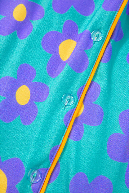 Green Floral Print V-Neck Short Sleeve Pajama Set