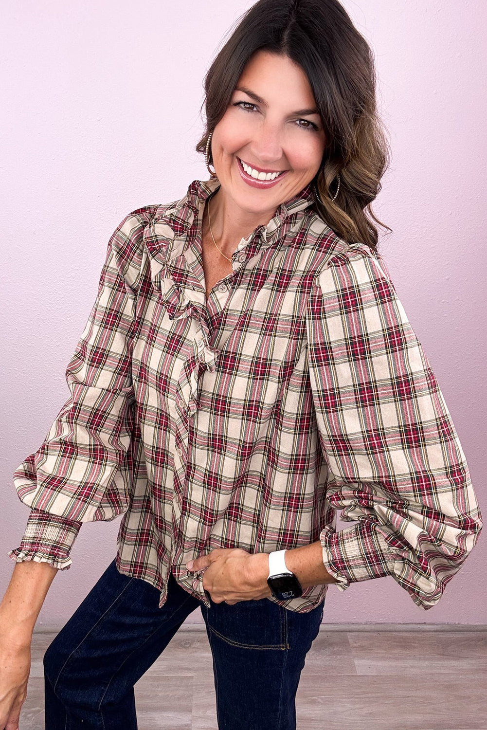 Apricot Plaid Pattern Frilled Collared Puff Sleeve Shirt