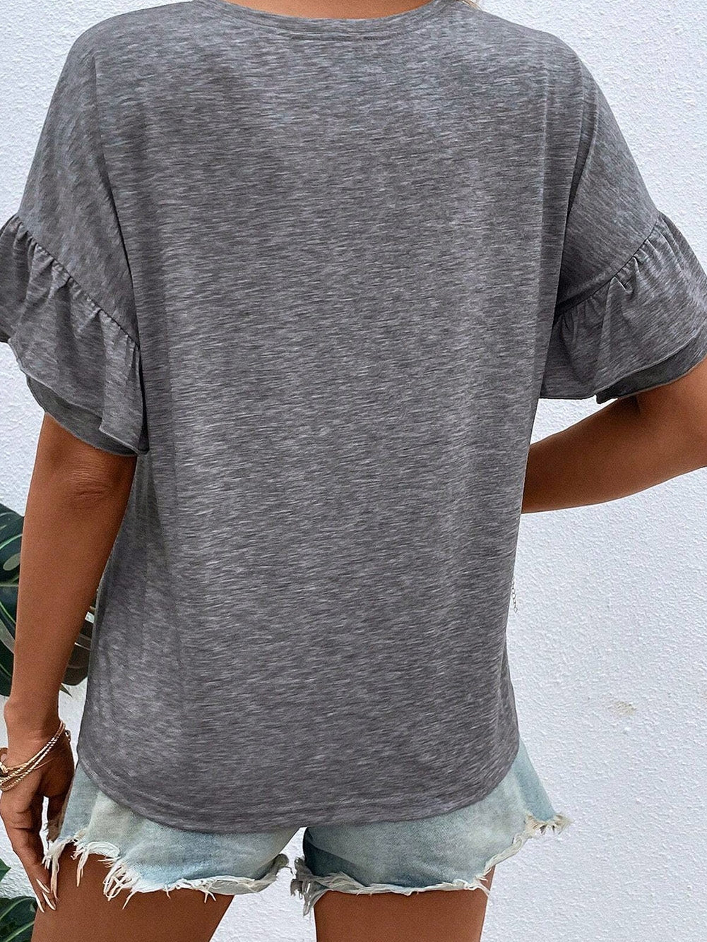Grey Tiered Ruffle Sleeve Crew Neck Shift Top