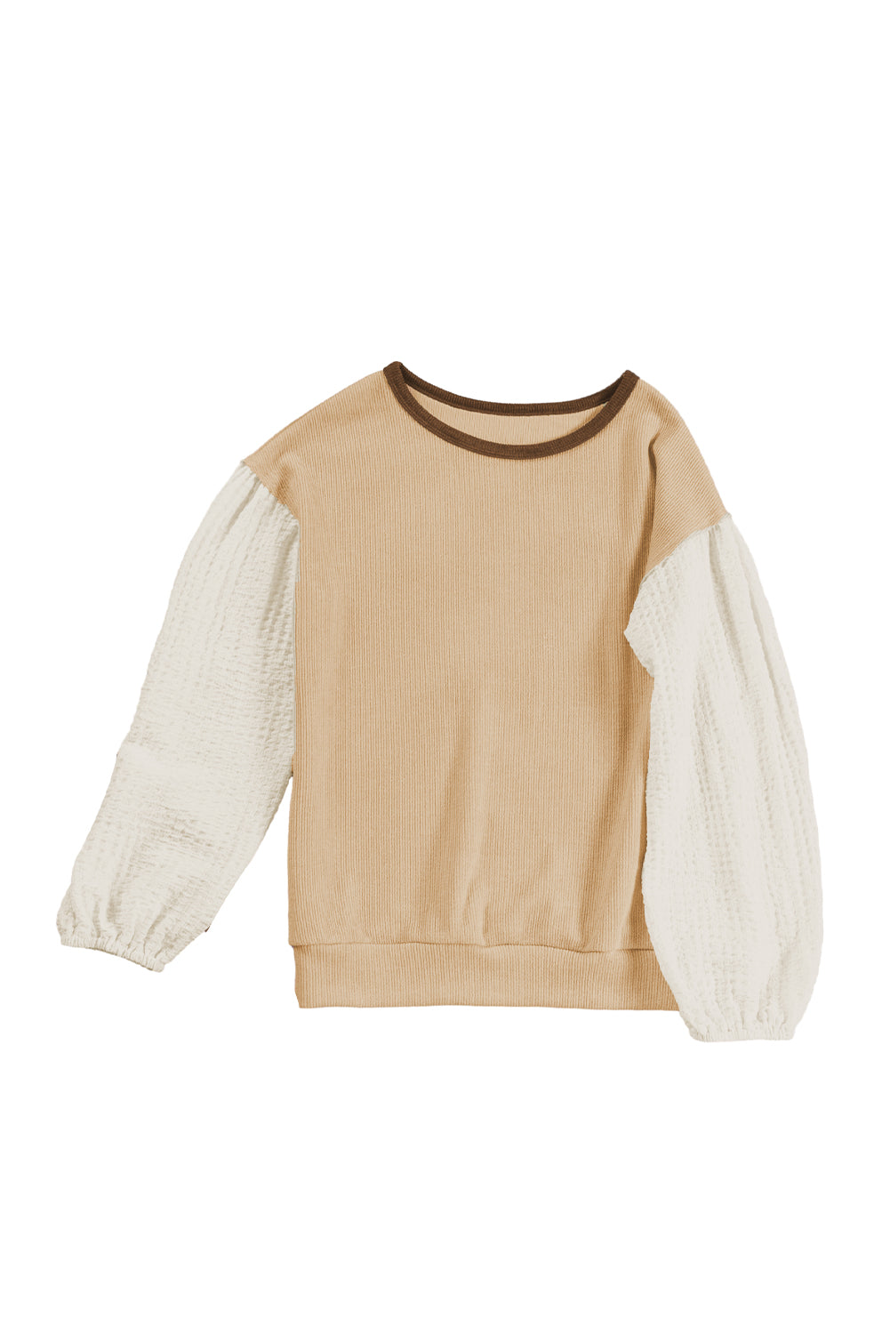 Gray Patchwork Puff Sleeve Crew Neck Top with Textured Detail