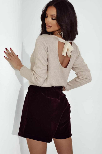 Jet Stream Open Back Ribbon Bow Decor Shimmery Long Sleeve Top