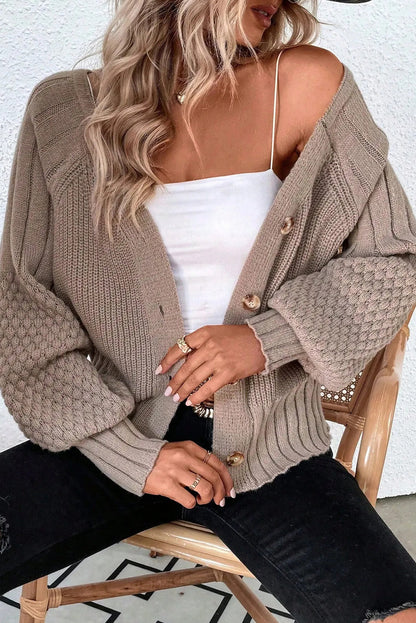 Goat Mixed Texture Knit Button V Neck Sweater Cardigan