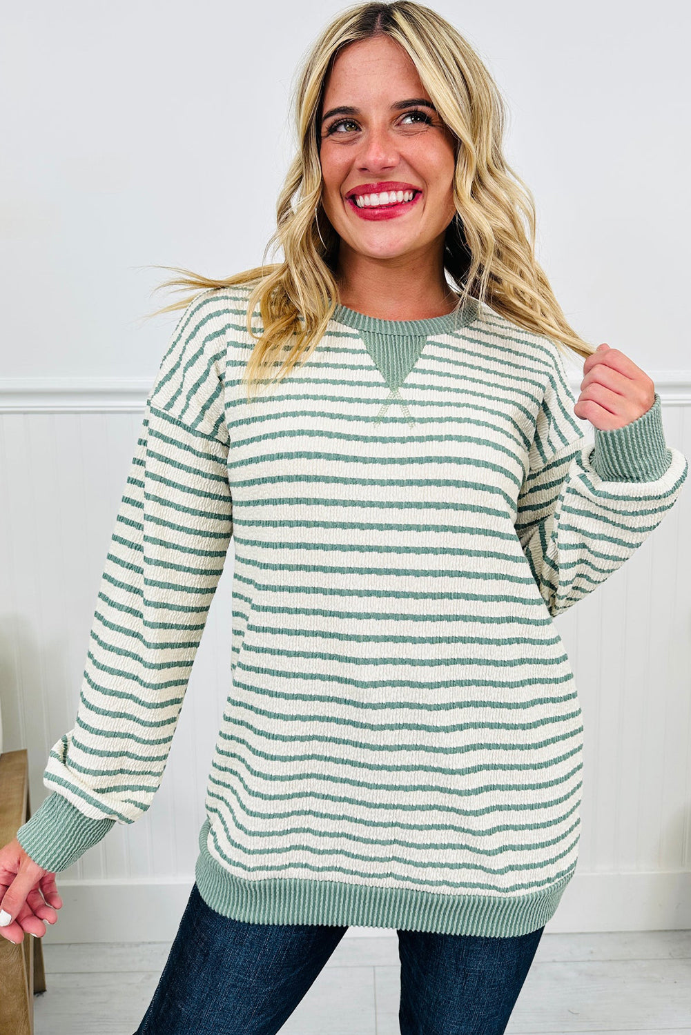 Green Stripe Twist Ribbed Drop Shoulder Pullover Top