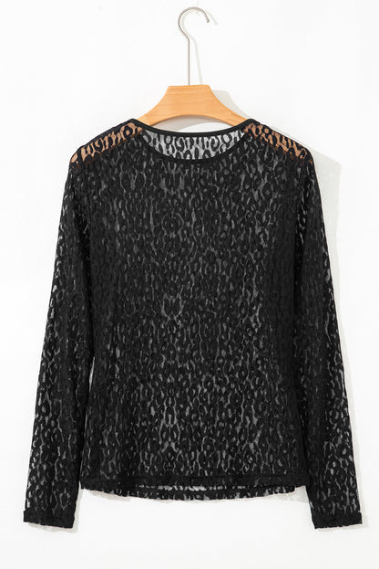 Black Leopard Pattern Sheer Mesh Long Sleeve Top