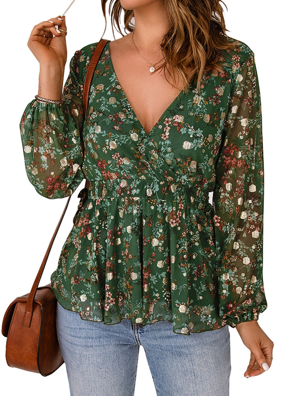 Green Ditsy Floral Peplum Blouse with V-Neck and Long Sleeves