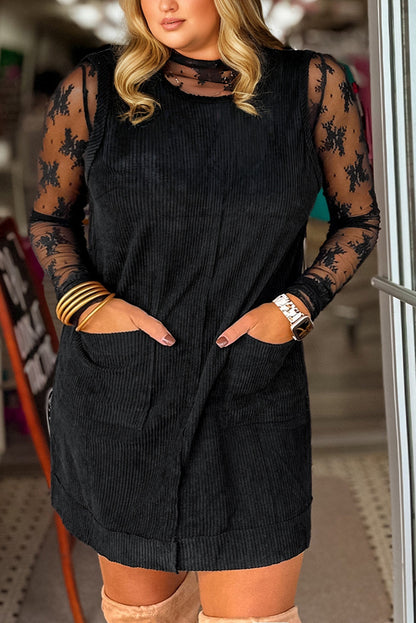 Black Plus Size Corduroy Solid Color Patch Pocket Sleeveless Mini Dress