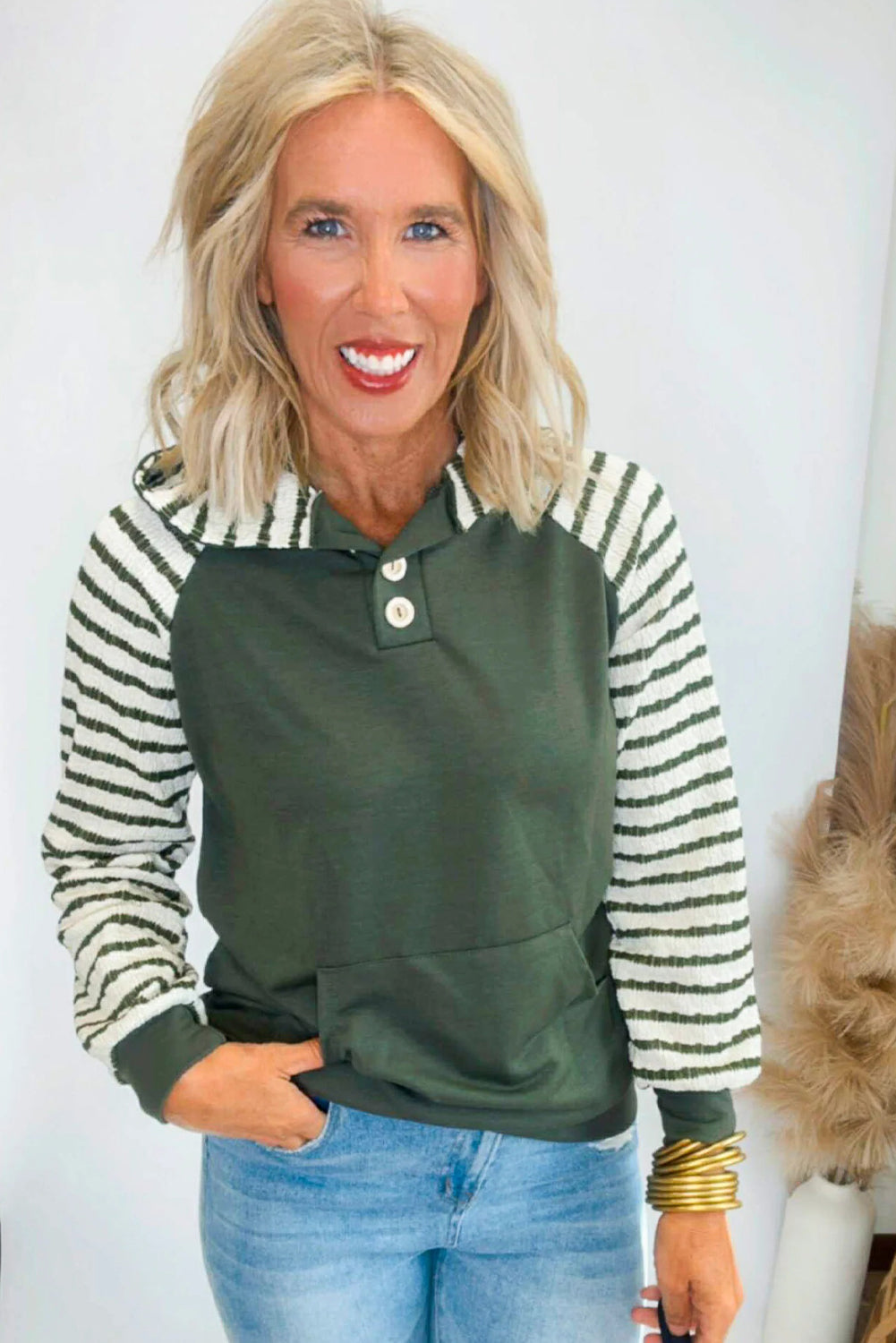 Mist Green Striped Contrast Patchwork Raglan Sleeve Kangaroo Pocket Hoodie