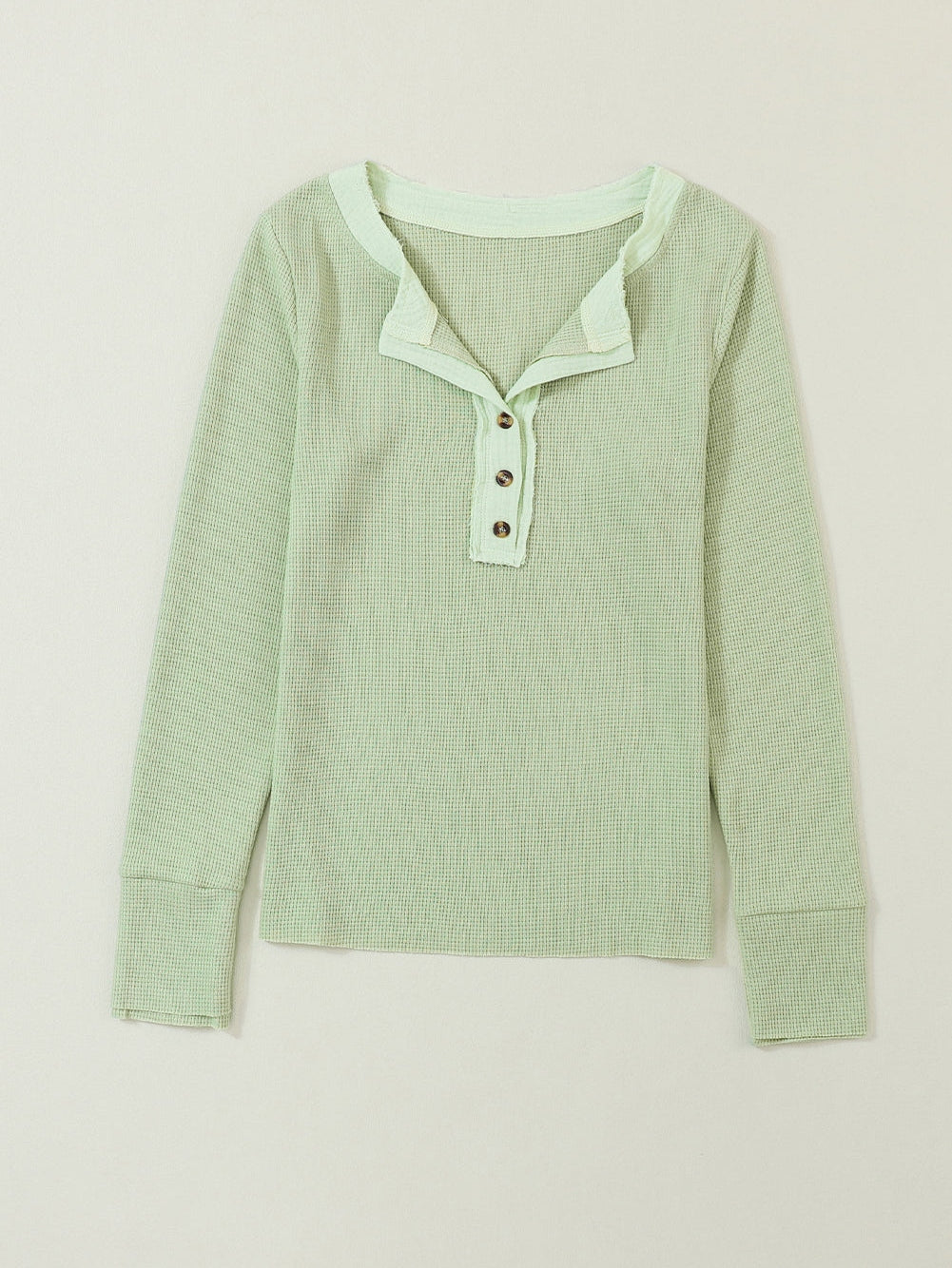 Green Textured Waffle Knit Henley Top