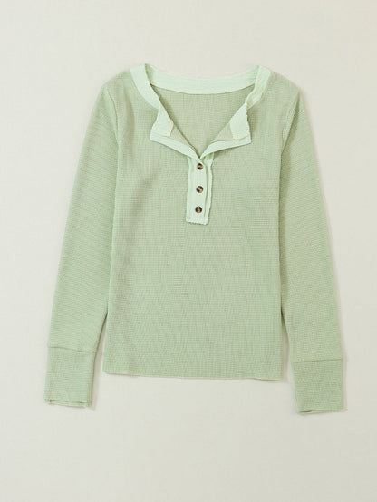 Green Textured Waffle Knit Henley Top