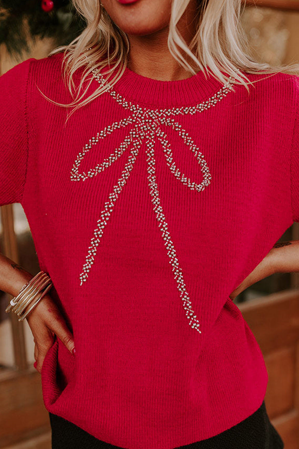 Fiery Red Contrast Bowknot Print Crew Neck Short Sleeve Sweater