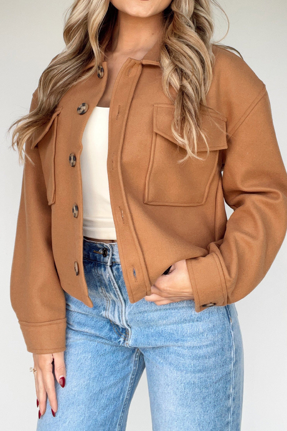 Camel Big Flap Pockets Chunky Boxy Fit Chic Jacket