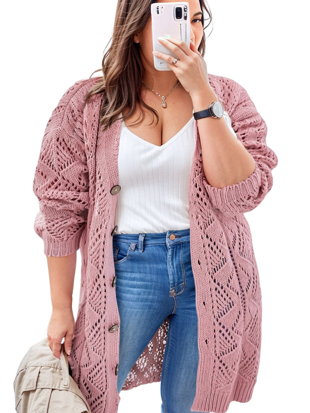 Pink Open Knit Button-Up Cardigan for Plus Size Women