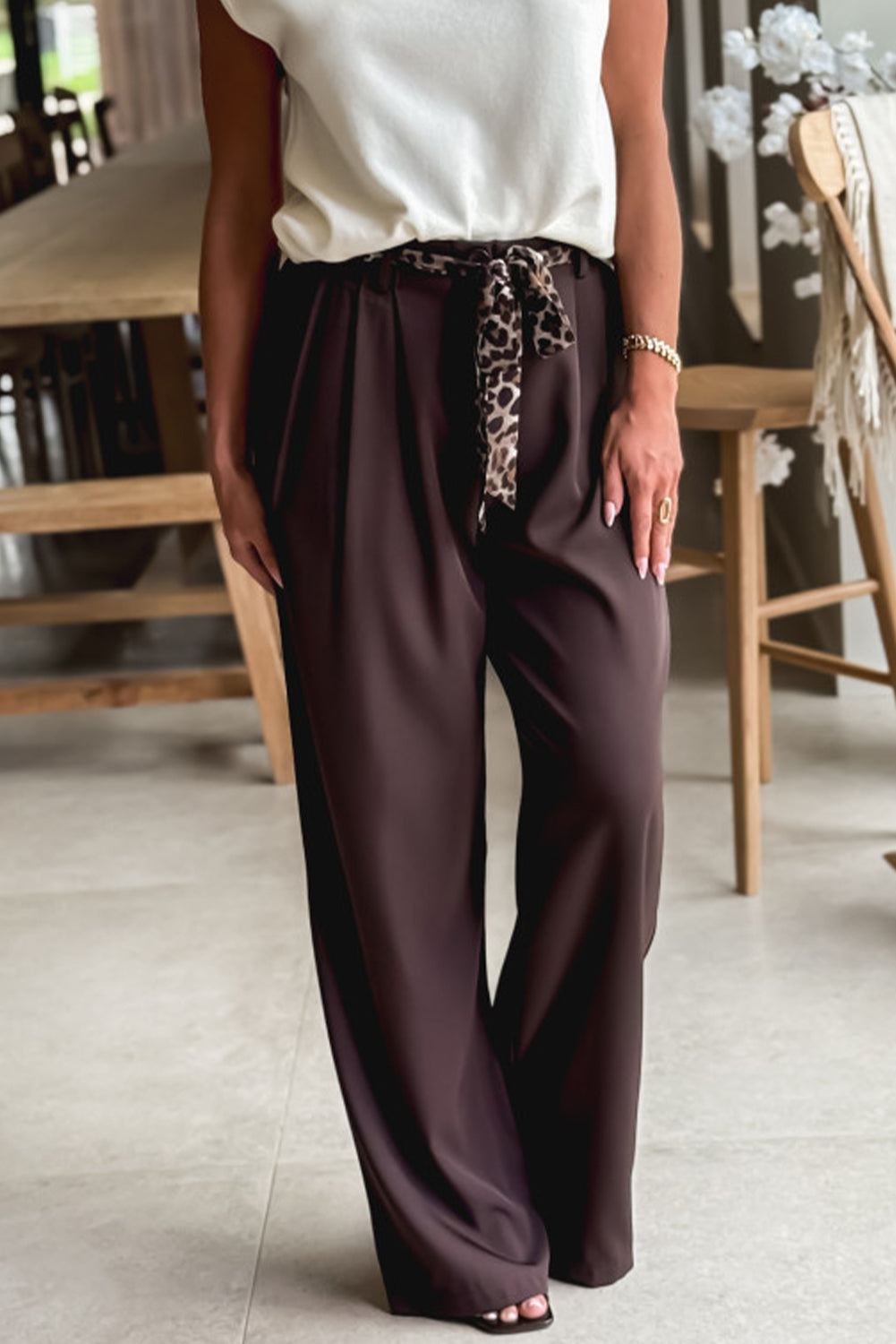 Dark Brown Solid Color Pleated Detail Pocketed Straight Leg Pants