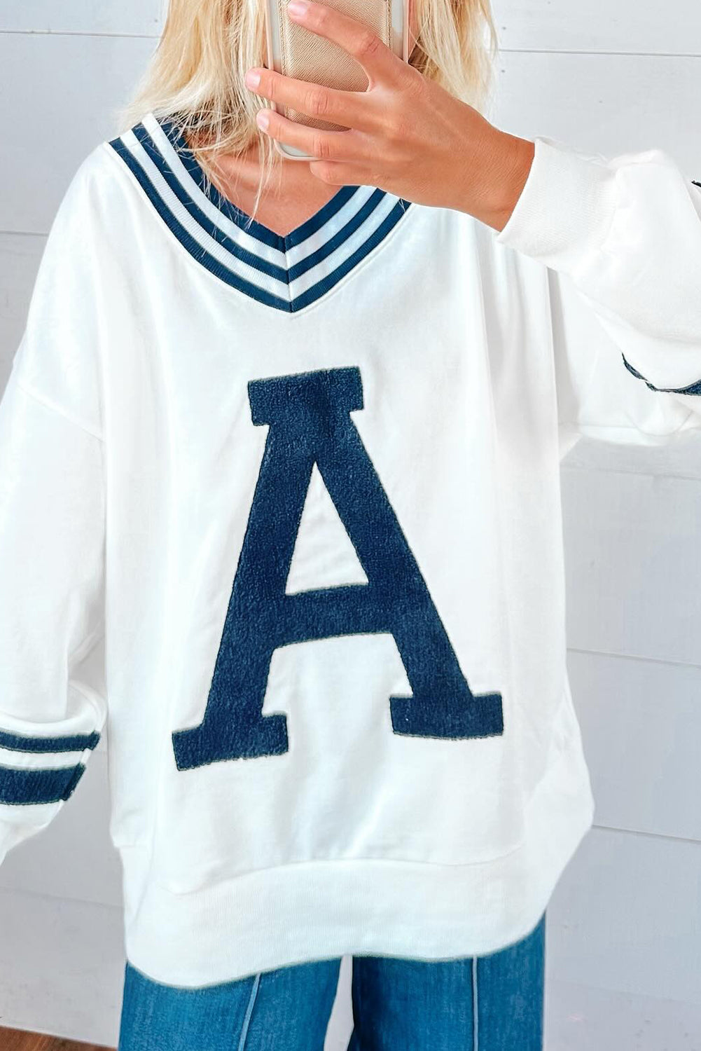 Sail Blue Chenille Letter A Graphic Varsity Striped V Neck Puff Sleeve Sweatshirt