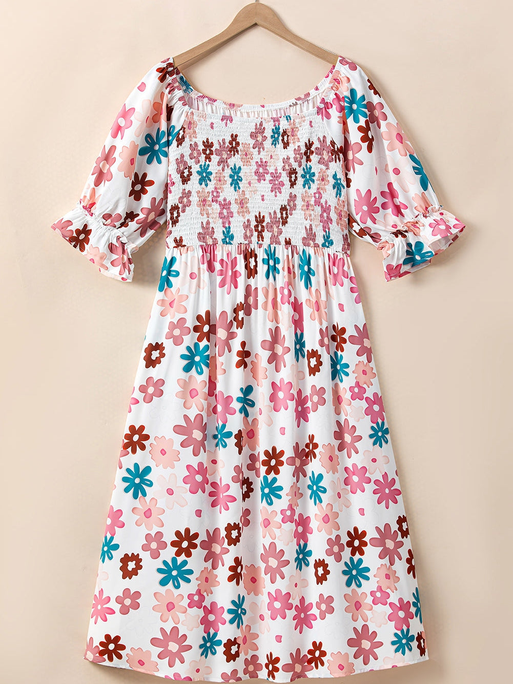 Floral Print Smocked Off Shoulder Plus Size Midi Dress in White