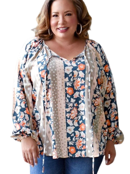 Multicolor Plus Size Mixed Print Split Neck Blouse