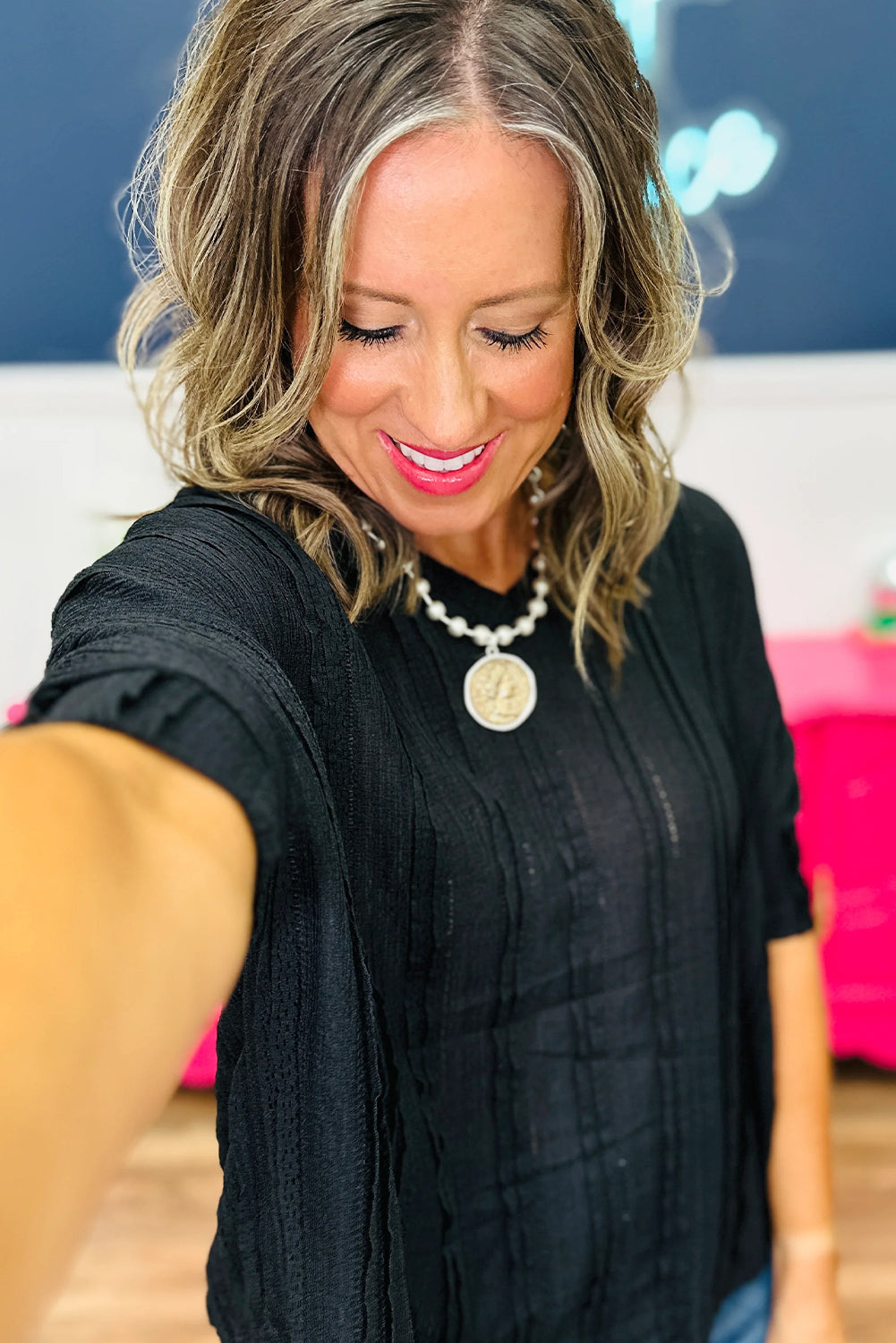 Black Lacy Striped Texture 3/4 Sleeve Dolman Blouse