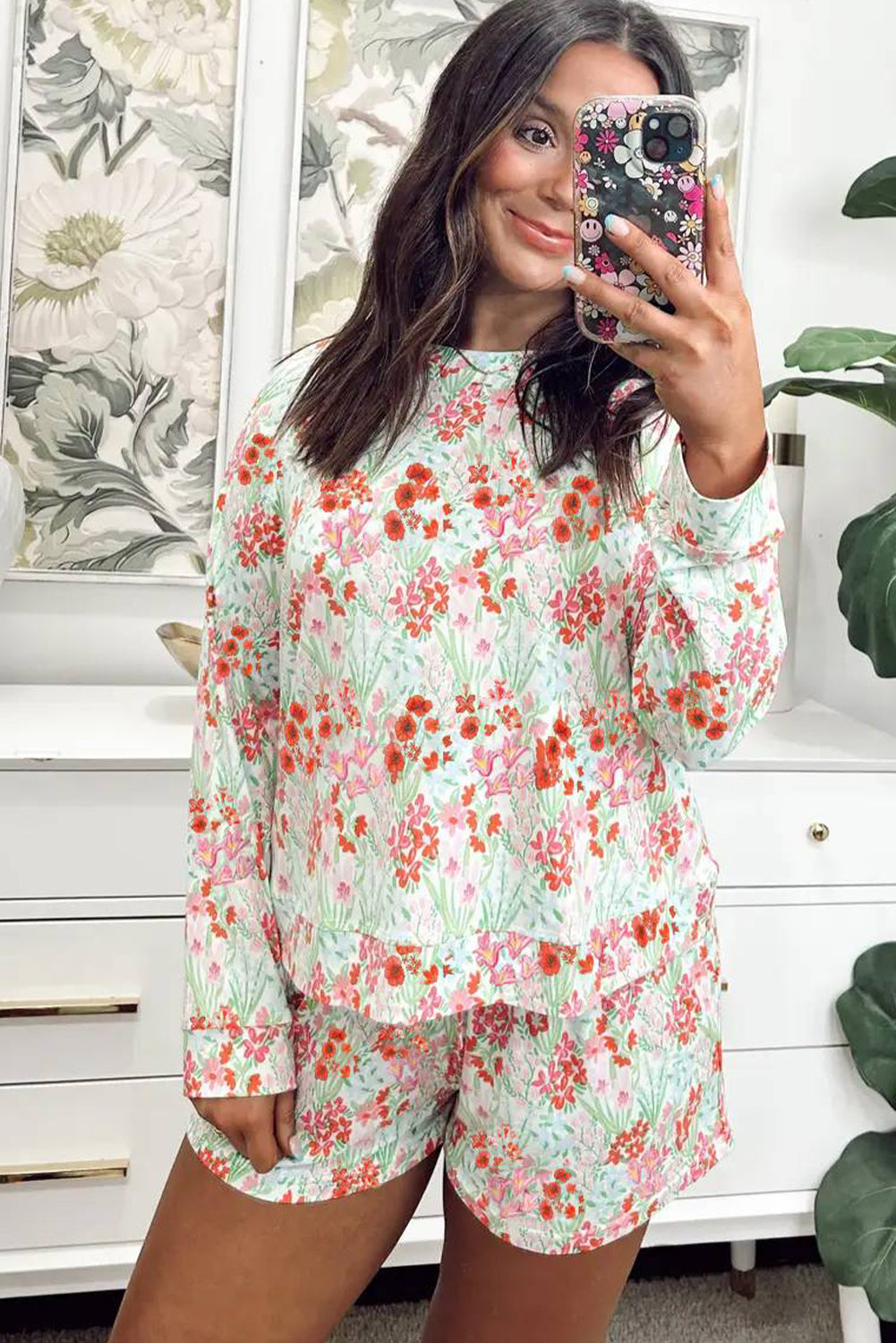 White Floral Print Long Sleeve Top Lounge Shorts 2pcs Set