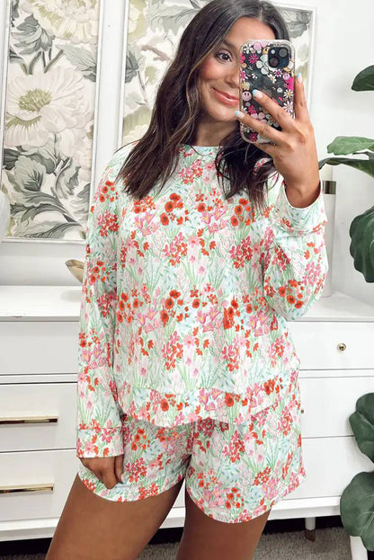 White Floral Print Long Sleeve Top Lounge Shorts 2pcs Set