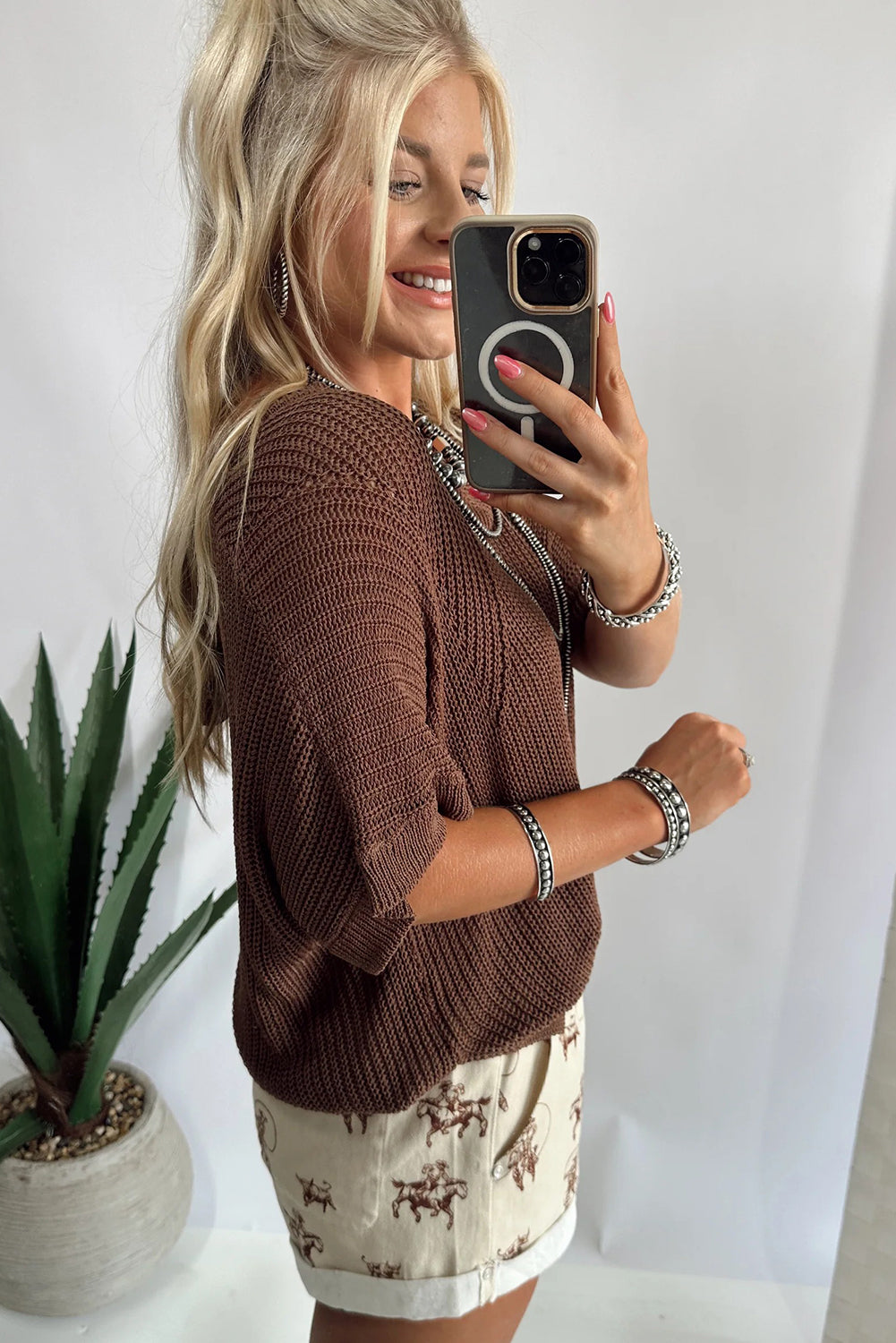 Coffee V Neck Half Sleeve Loose Sweater