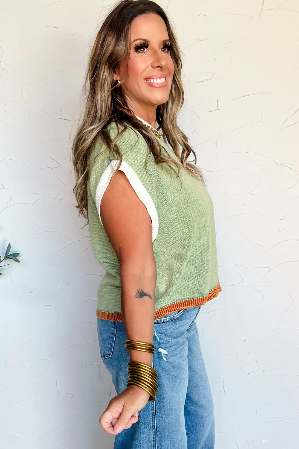 Grass Green Contrast Trim Patchwork Colorblock Loose Short Sleeve Sweater Top