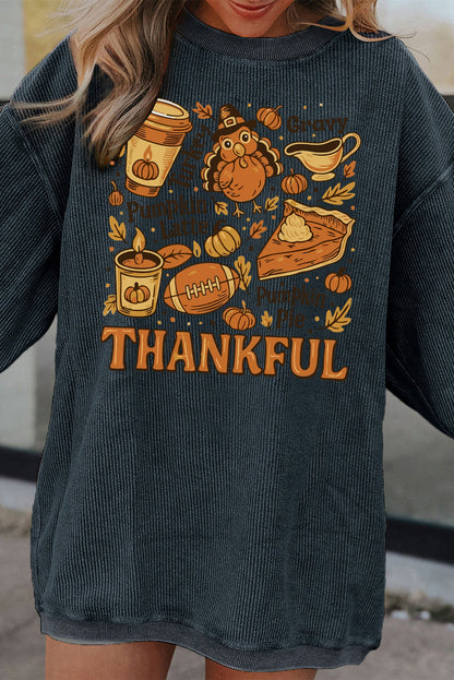 Dark Grey Twisted Ribbed THANKFUL Fall Fashion Printed Baggy Sweatshirt