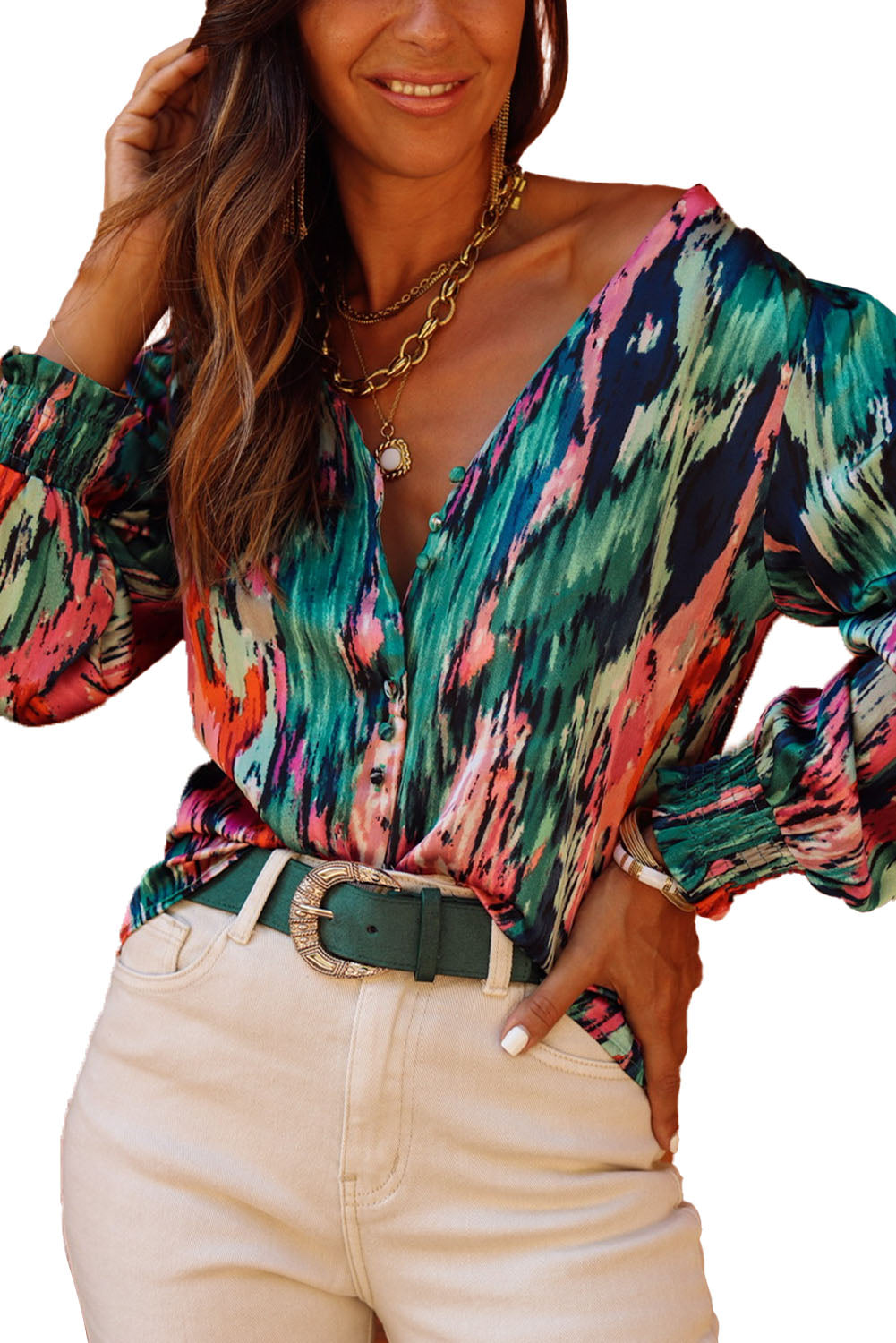 Green Abstract Print V Neck Long Sleeve Blouse for Women