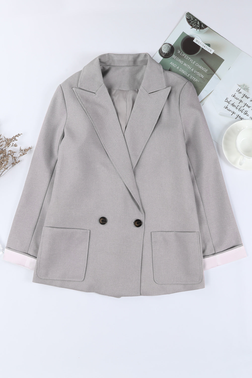 Gray Buttoned Lapel Collar Blazer with Pocket