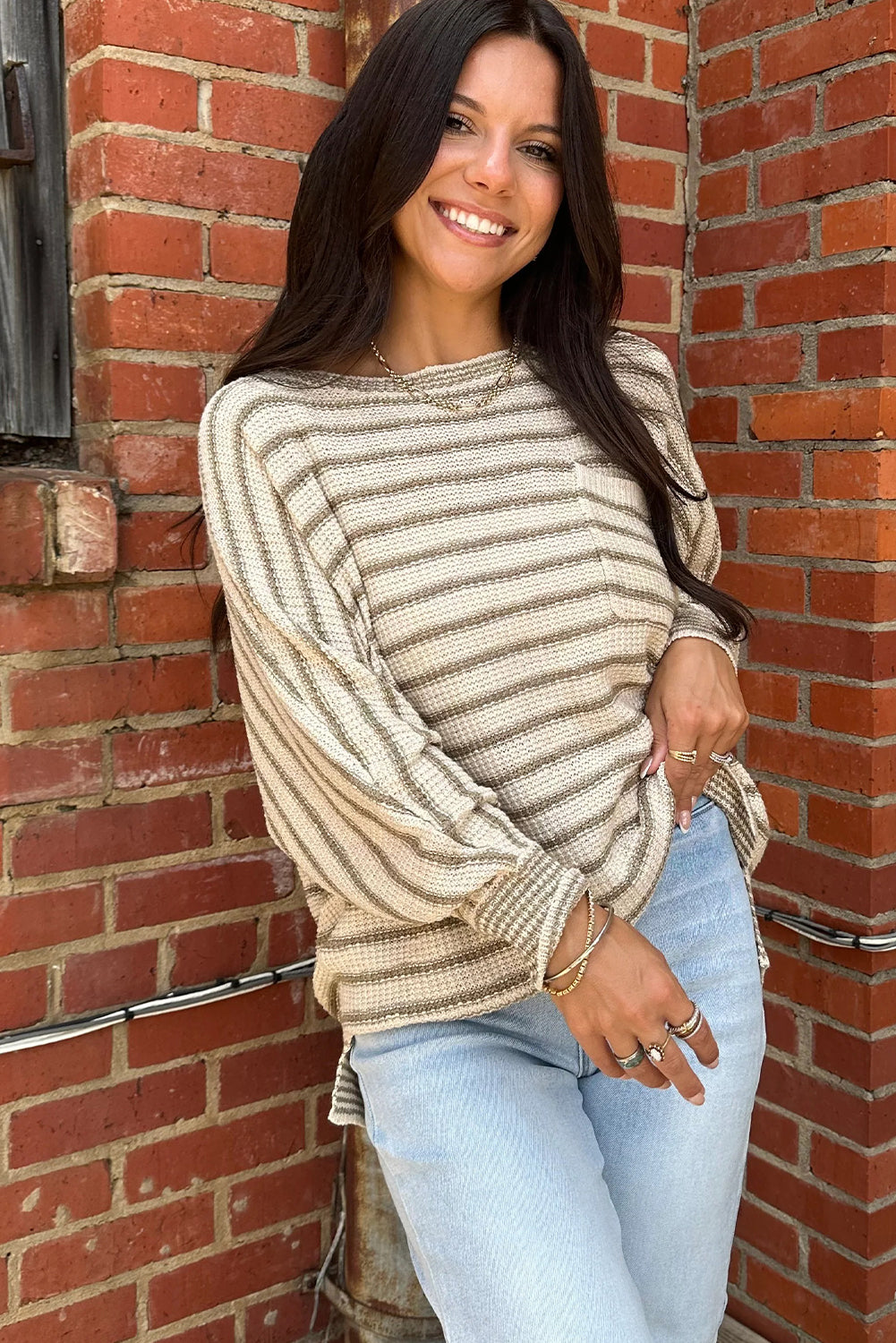 Green Stripe Single Chest Pocket Dolman Knit Sweater