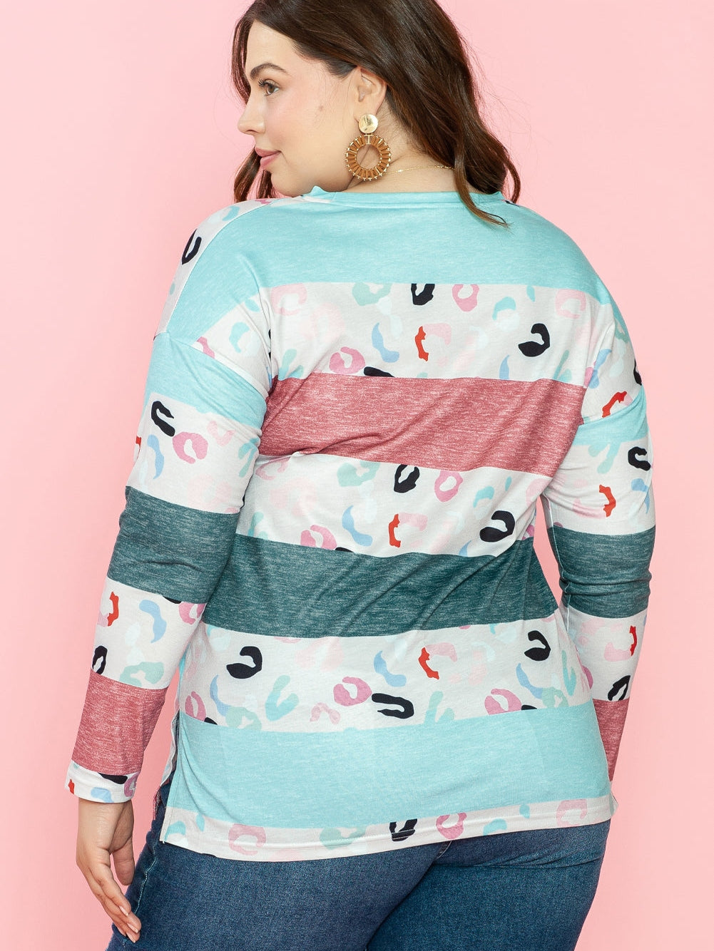Stripe Colorblock Sky Blue Plus Size Pullover Top