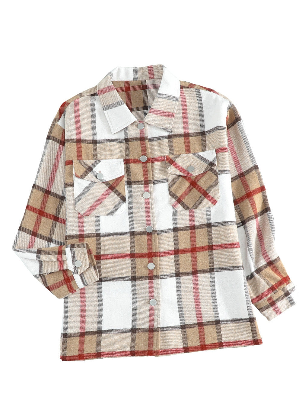 Khaki Plaid Print Sheath Button-Up Coat with Pockets