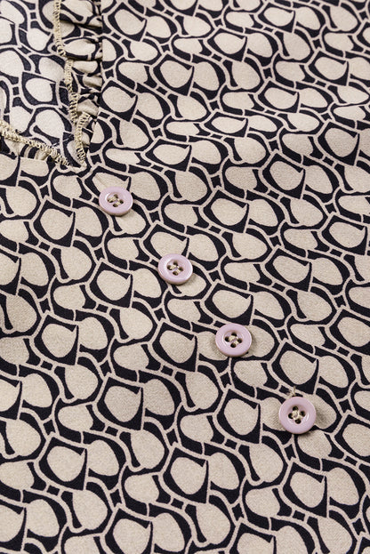 Frenchy Frill V-Neck Printed Shift Blouse in Light Beige